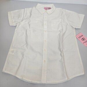 Izod Girls Oxford Button Collar White Uniform Pocket Short Sleeve Shirt Sz 16